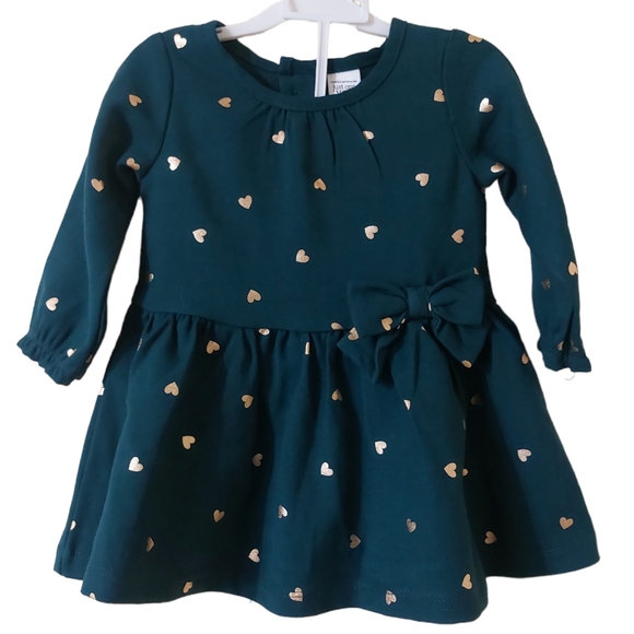 Carter's Baby Girl 6 Months Green & Gold  Mini Hearts Bow Cute A-Line Dress - Picture 1 of 7